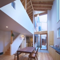 中庭と玄関と一体化したリビング・ダイニングを繋げることで、住宅がひしめくように立ち並ぶ閉鎖的な敷地環境でも室内に光やのびやかな視線をとりこみました。